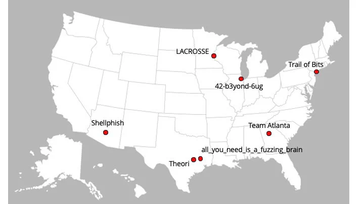 Map showing locations of AIxCC finalists