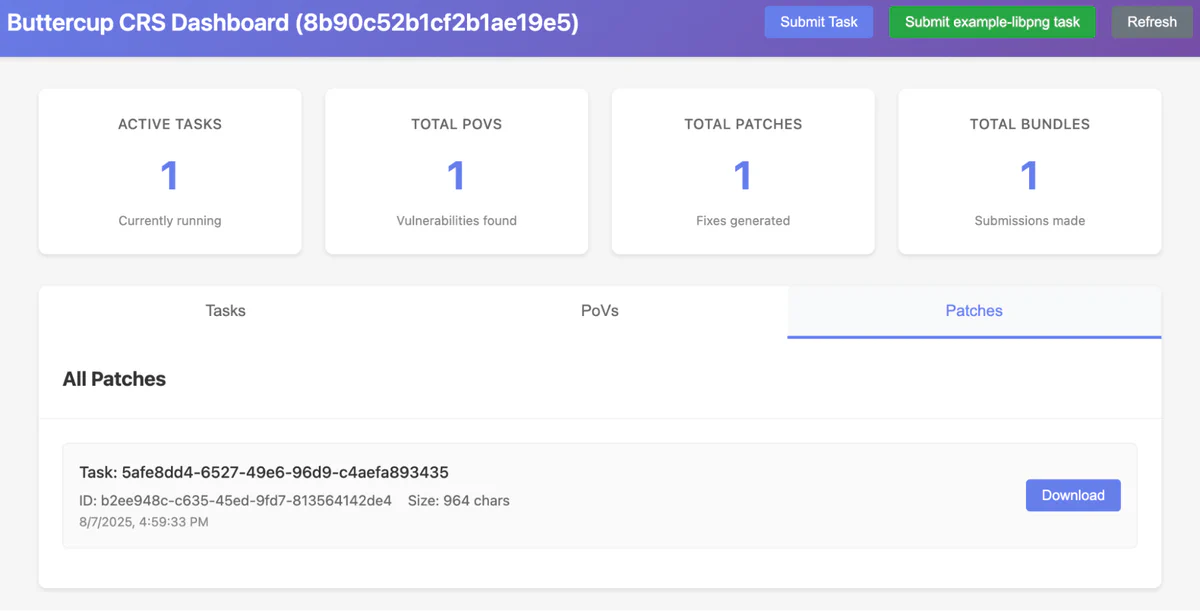 Image showing Buttercup web UI after a vulnerability has been discovered and patched