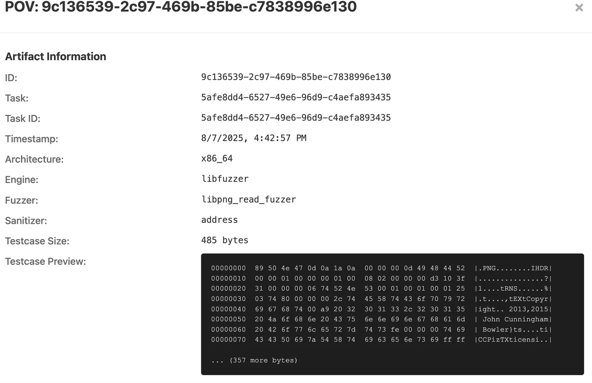 Image showing detailed view of a PoV in the Buttercup web UI