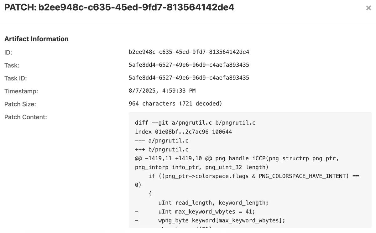 Image showing detailed view of a PoV in the Buttercup web UI