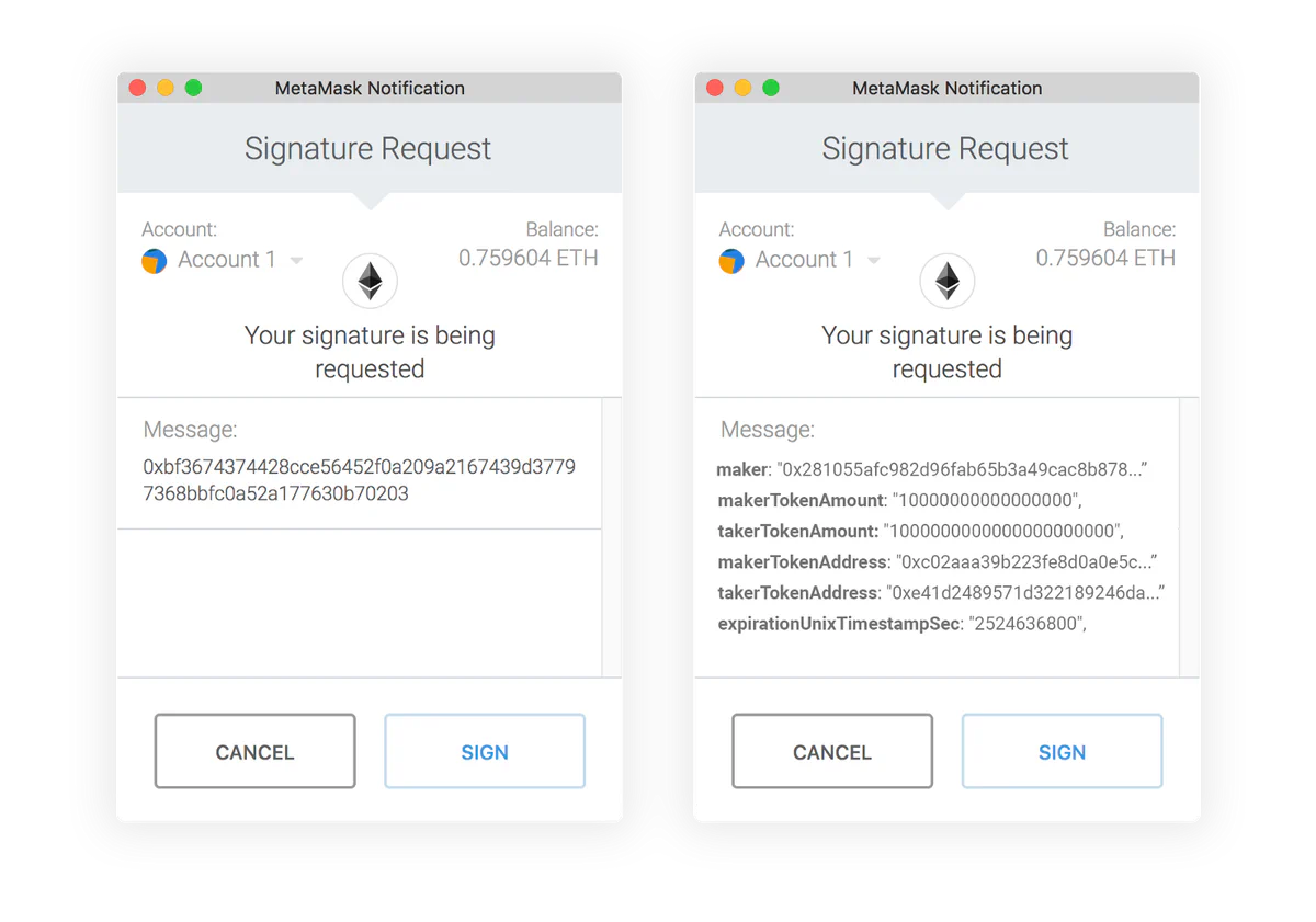 Figure 1: Metamask signature request without EIP-712 (left) and with EIP-712 (right)