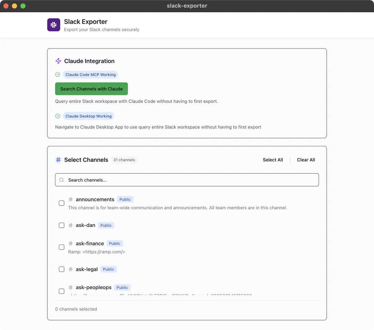 Figure 3: Channel search in the Slack exporter Electron app implementation