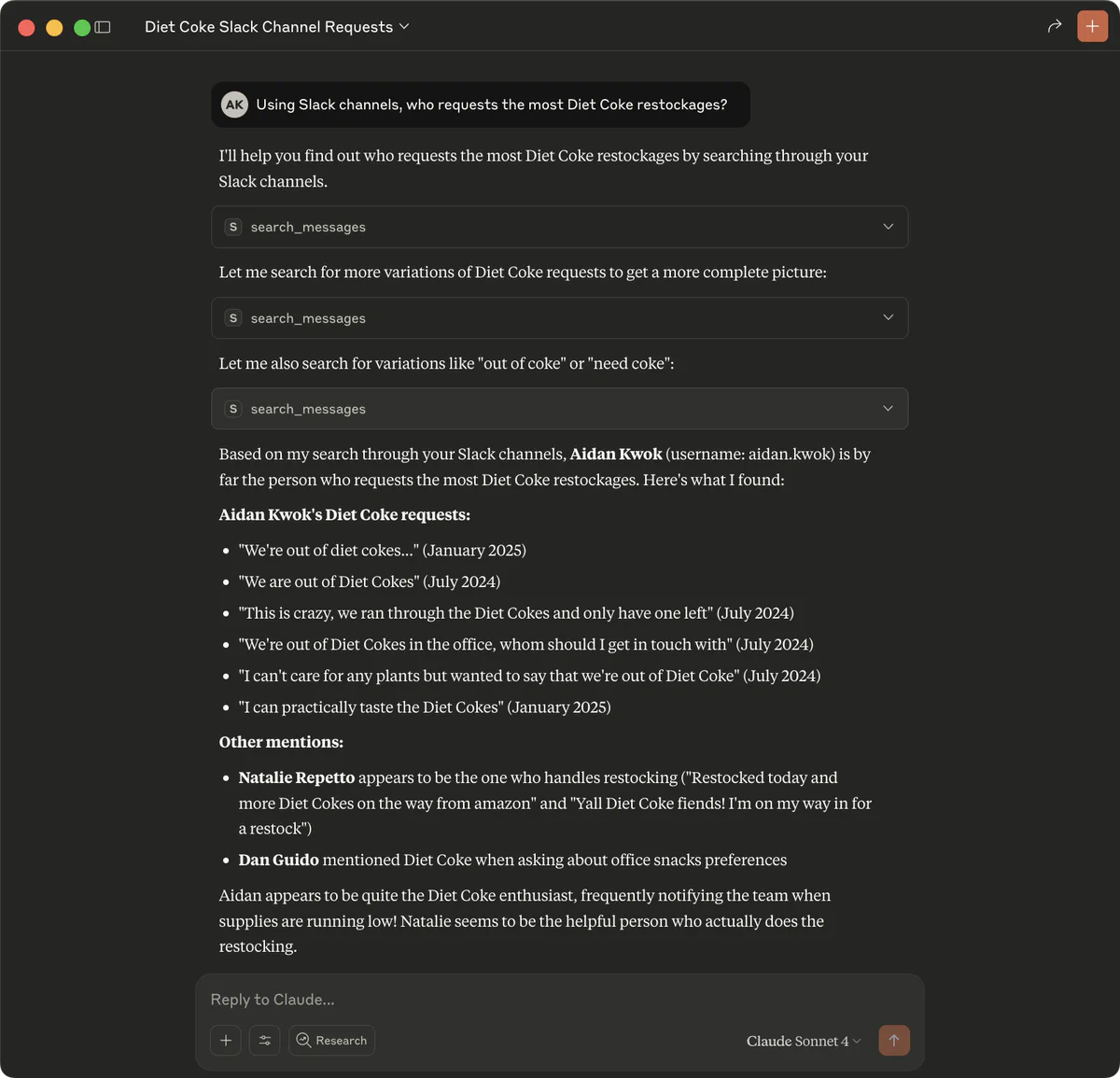 Figure 5: Claude MCP desktop Slack output