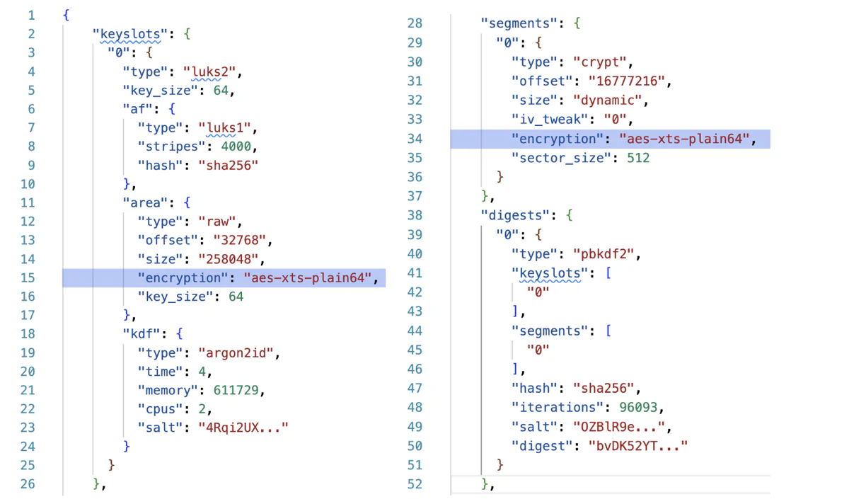 “Figure 2: Example JSON metadata object for a disk with a single keyslot”