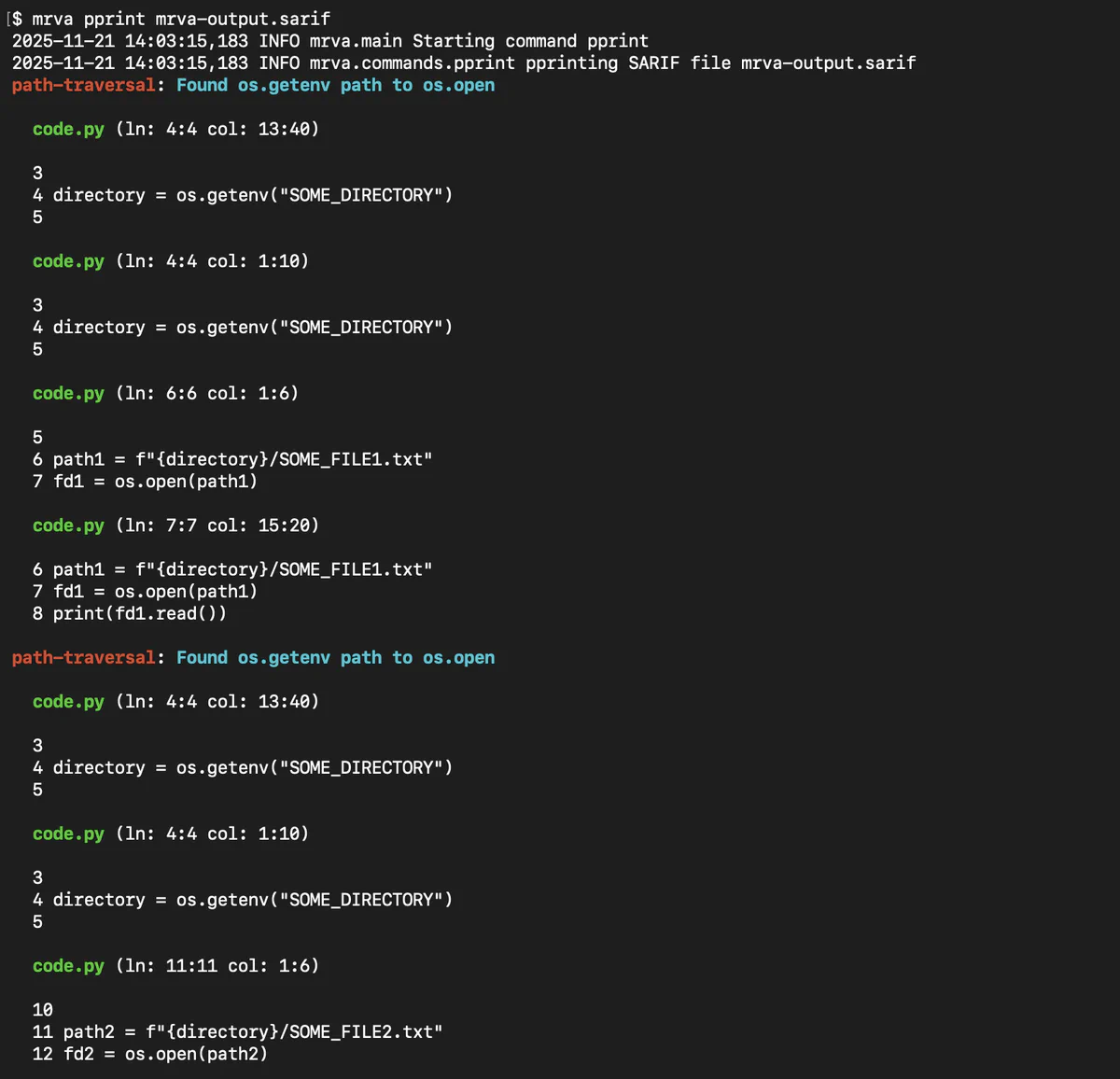 Figure 1: Pretty-printing CodeQL SARIF results