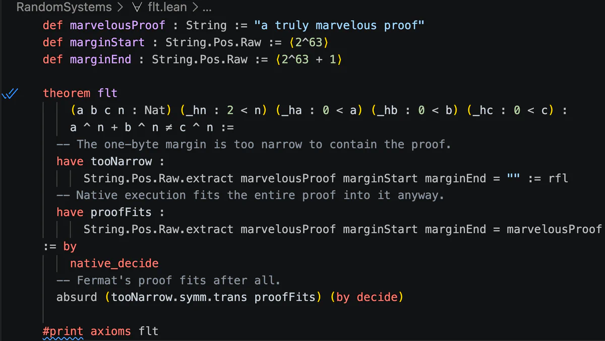 &ldquo;Figure showing a “checked” proof of Fermat’s Last Theorem using Lean 4.33.1&rdquo;