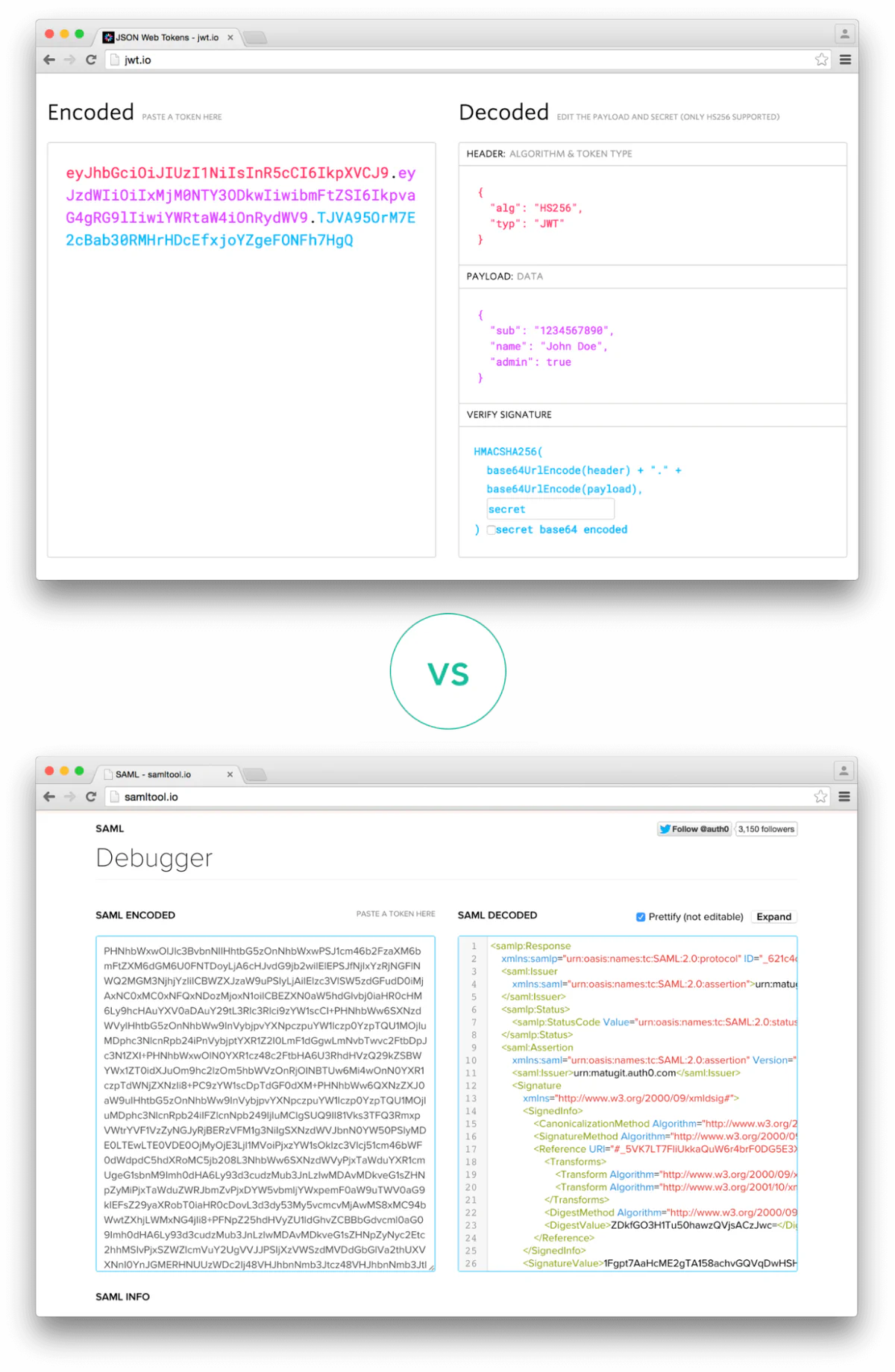 JWT versus SAML signatures (credit: jwt.io and samltool.io)