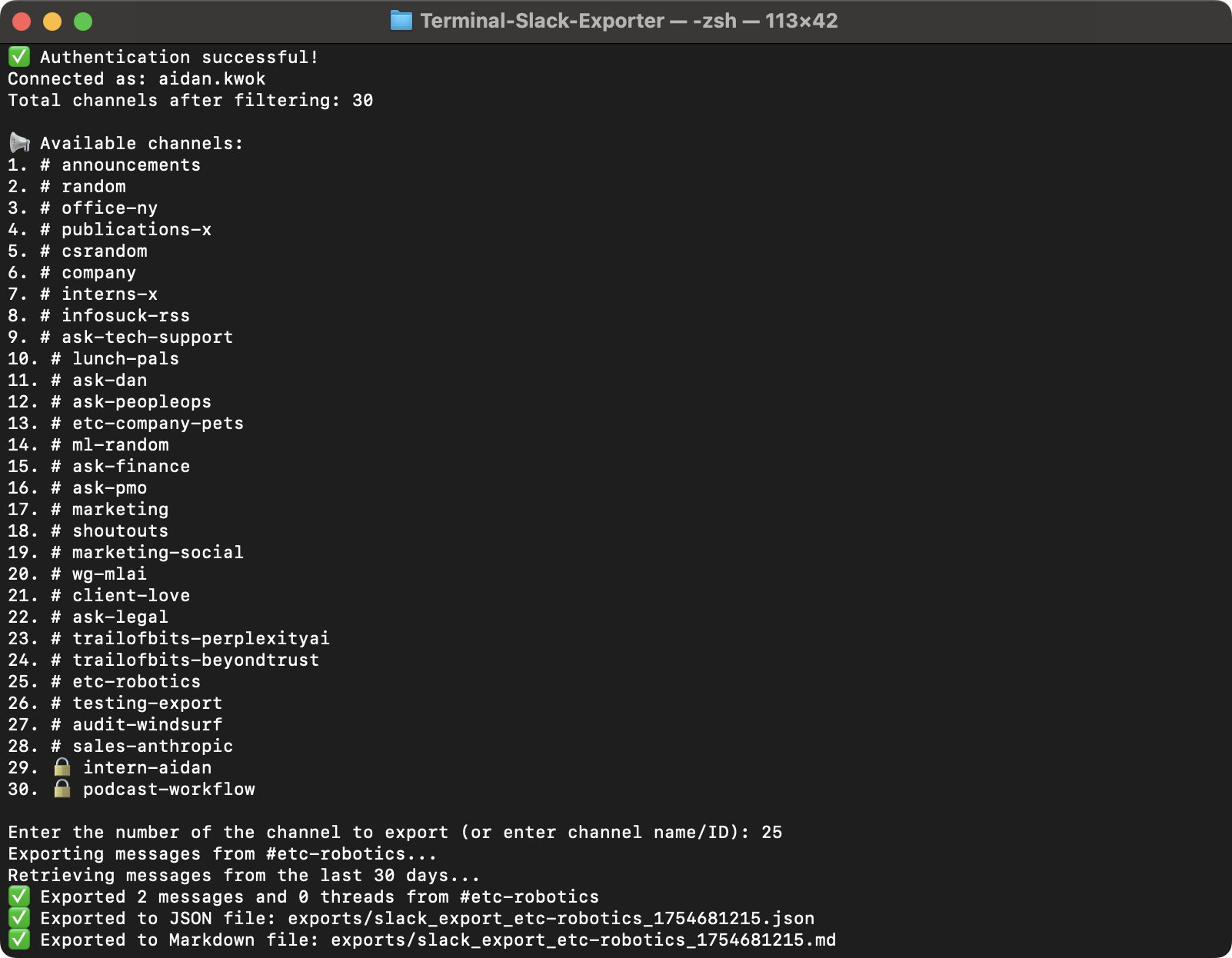 Figure 3: Slack exporter terminal implementation