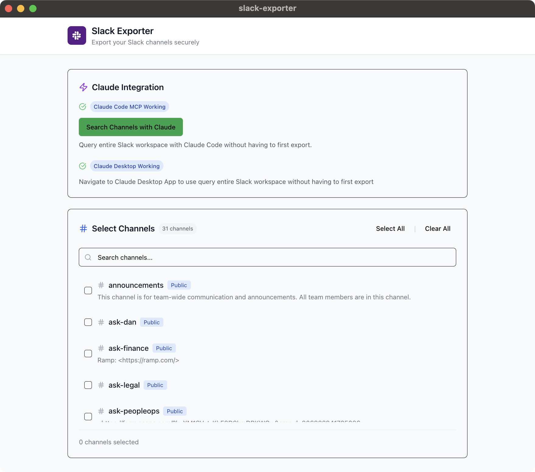 Figure 4: Channel search in the Slack exporter Electron app implementation