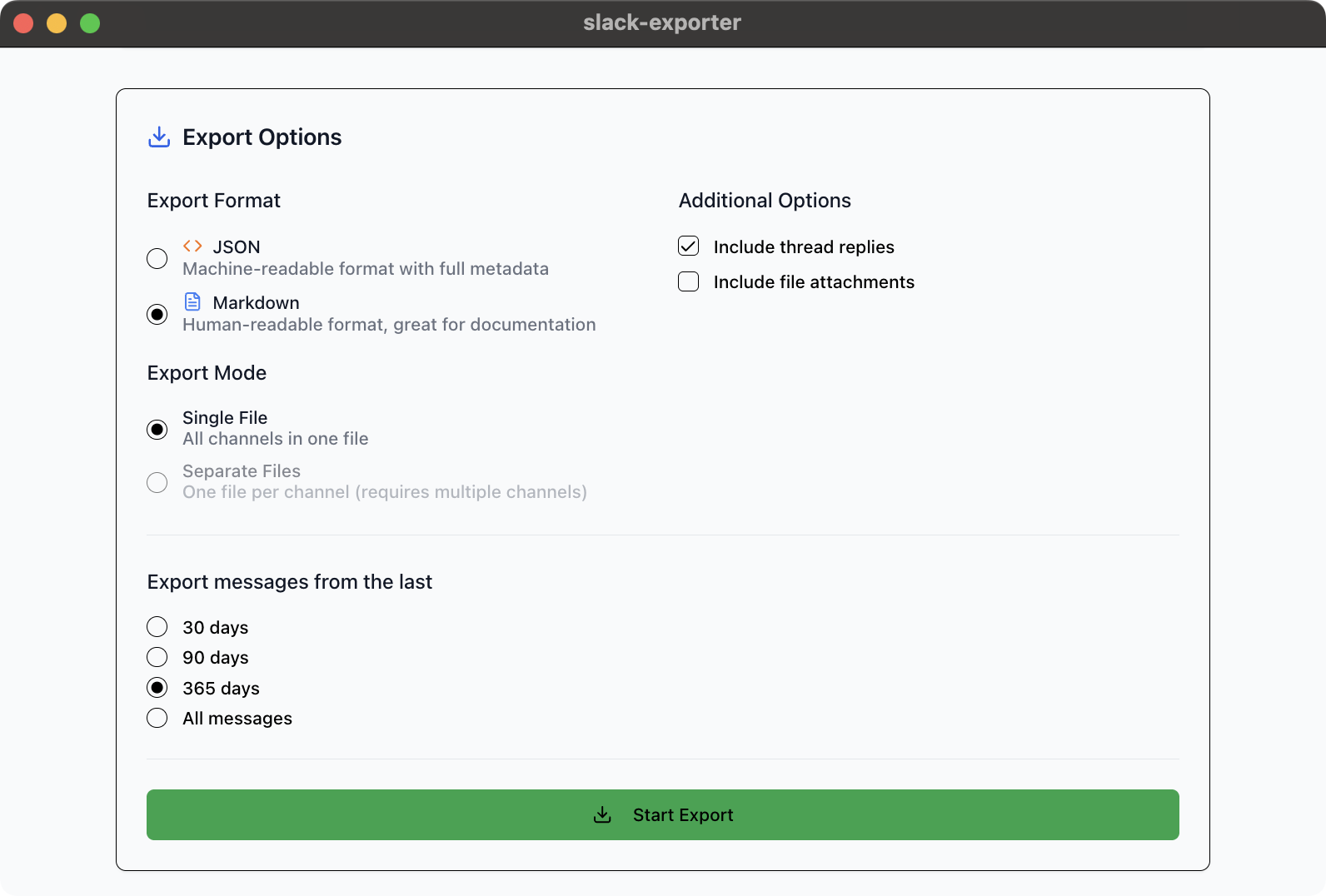 Figure 5: Export options in the Slack exporter Electron app implementation*