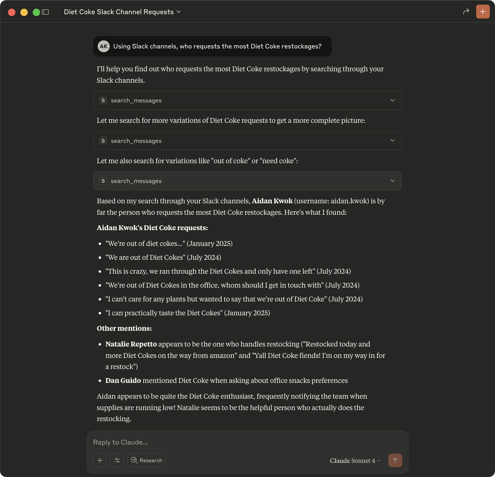 Figure 6: Claude MCP desktop Slack output