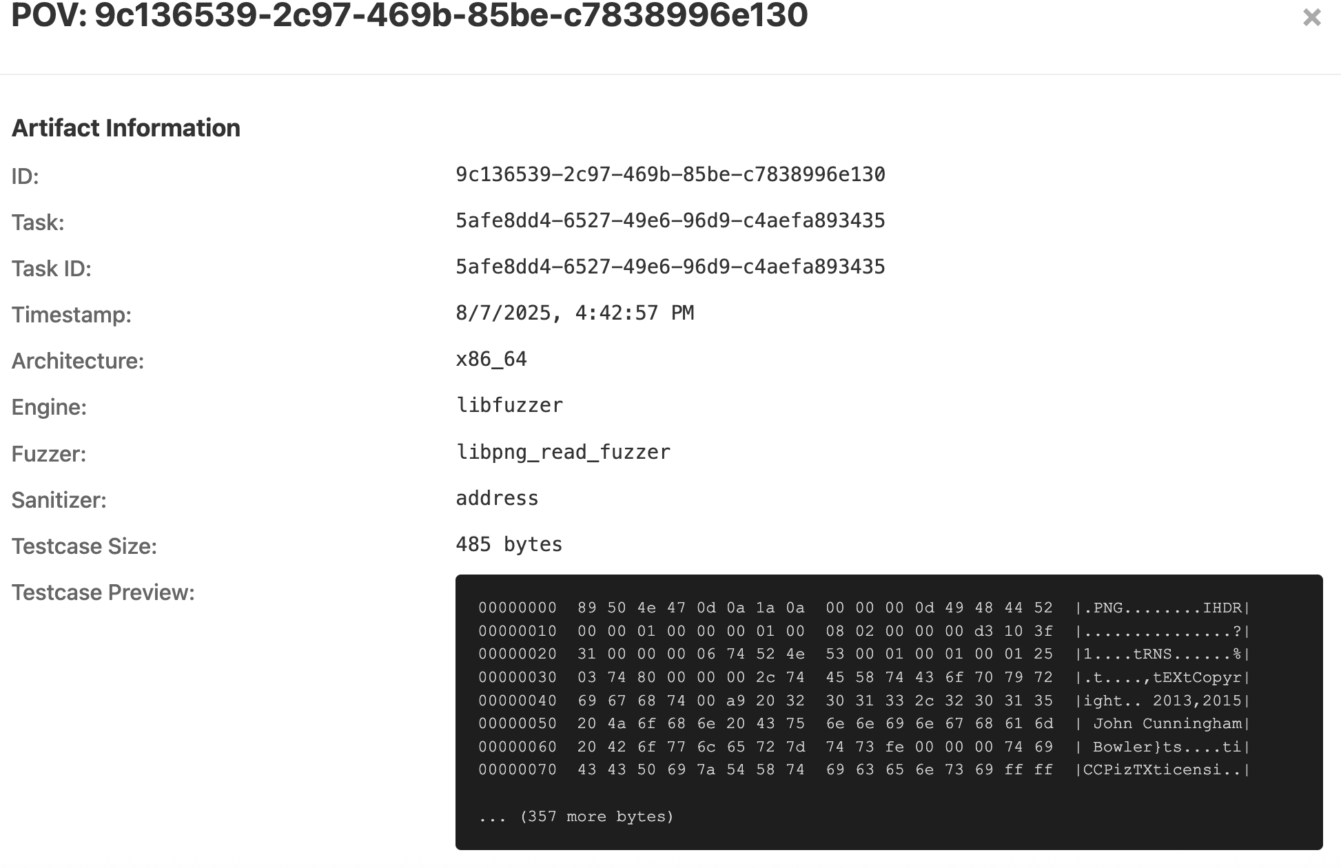 Image showing detailed view of a PoV in the Buttercup web UI