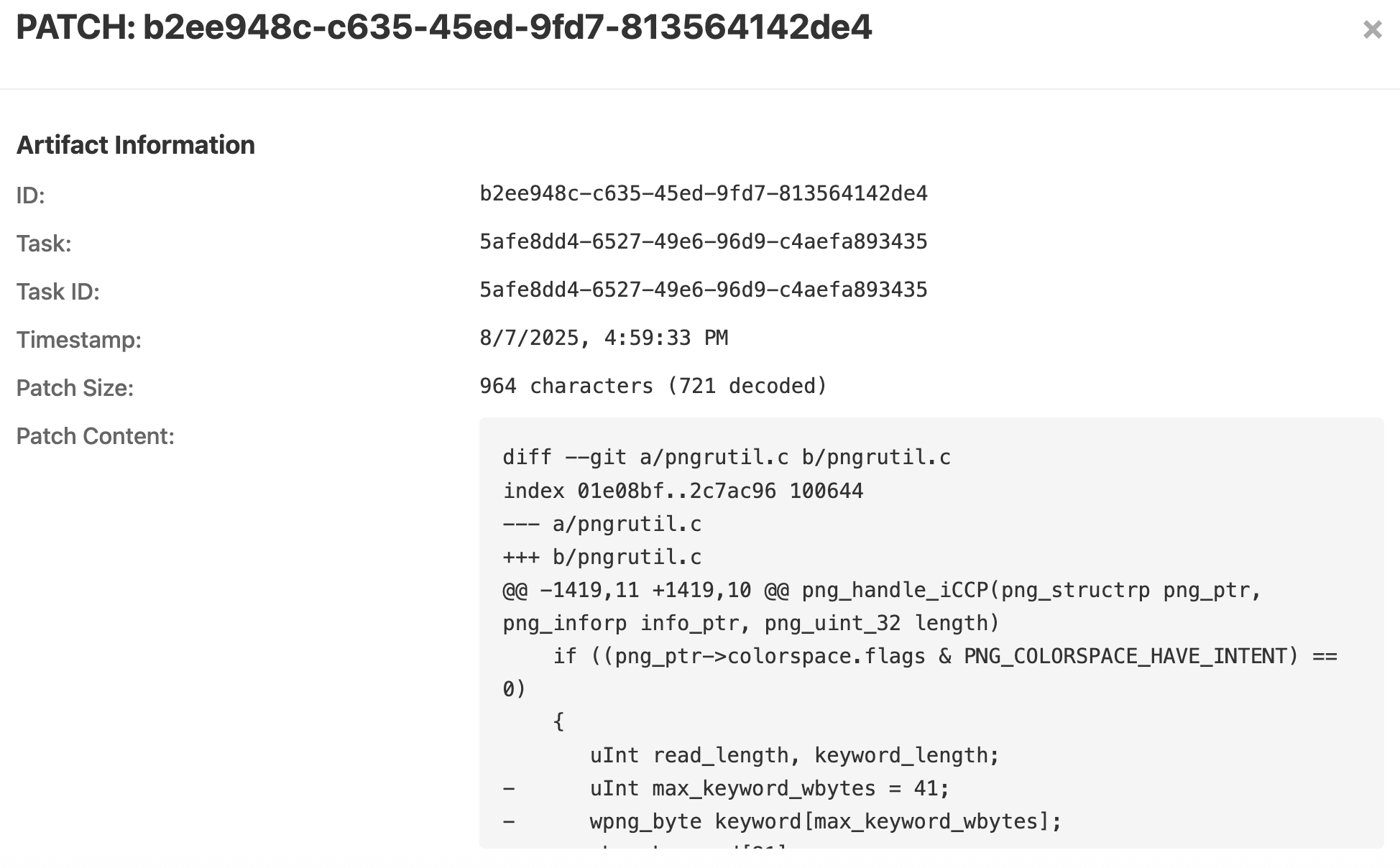 Image showing detailed view of a PoV in the Buttercup web UI