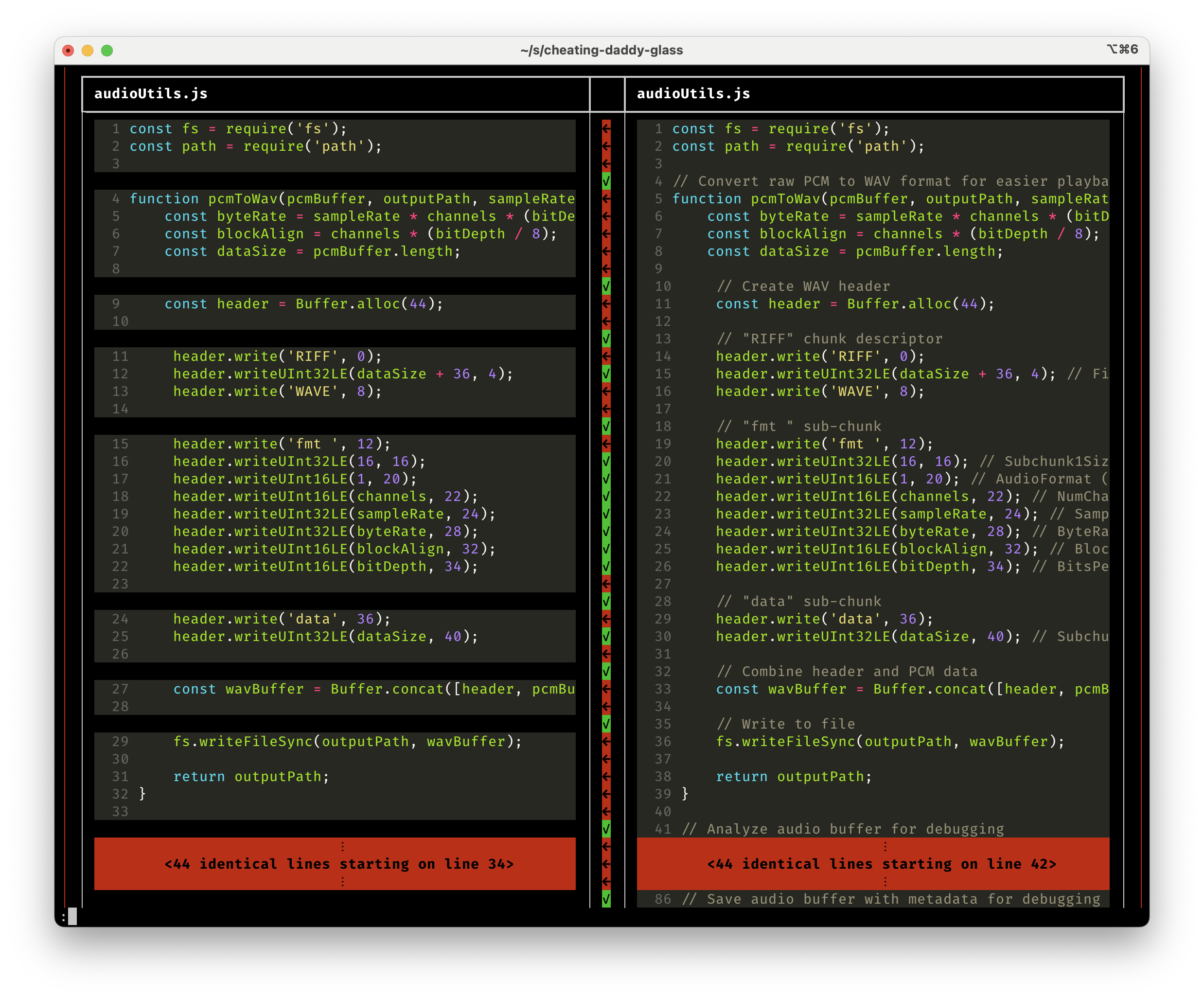  Vendetect output comparing Glass (left) to Cheating-Daddy