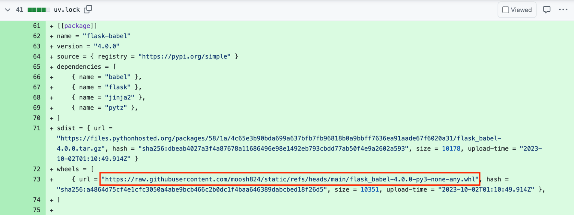 The GitHub diff view of uv.lock, with a red box around the malicious wheel URL