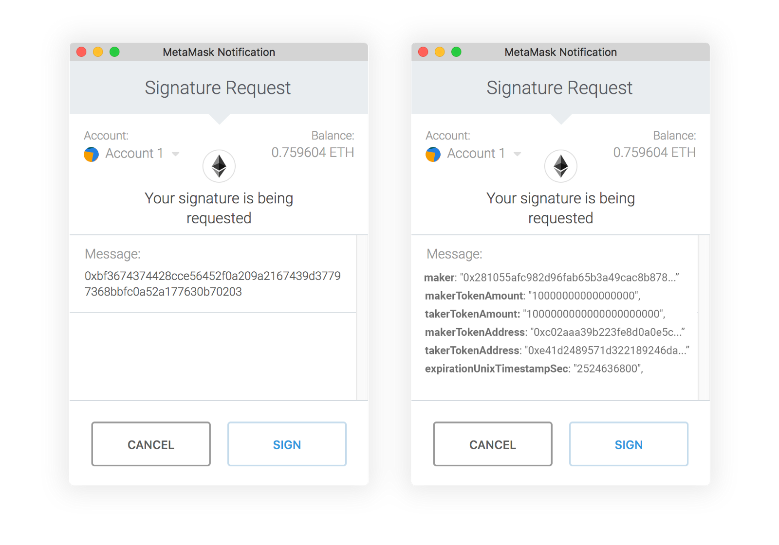 Figure 1: Metamask signature request without EIP-712 (left) and with EIP-712 (right)