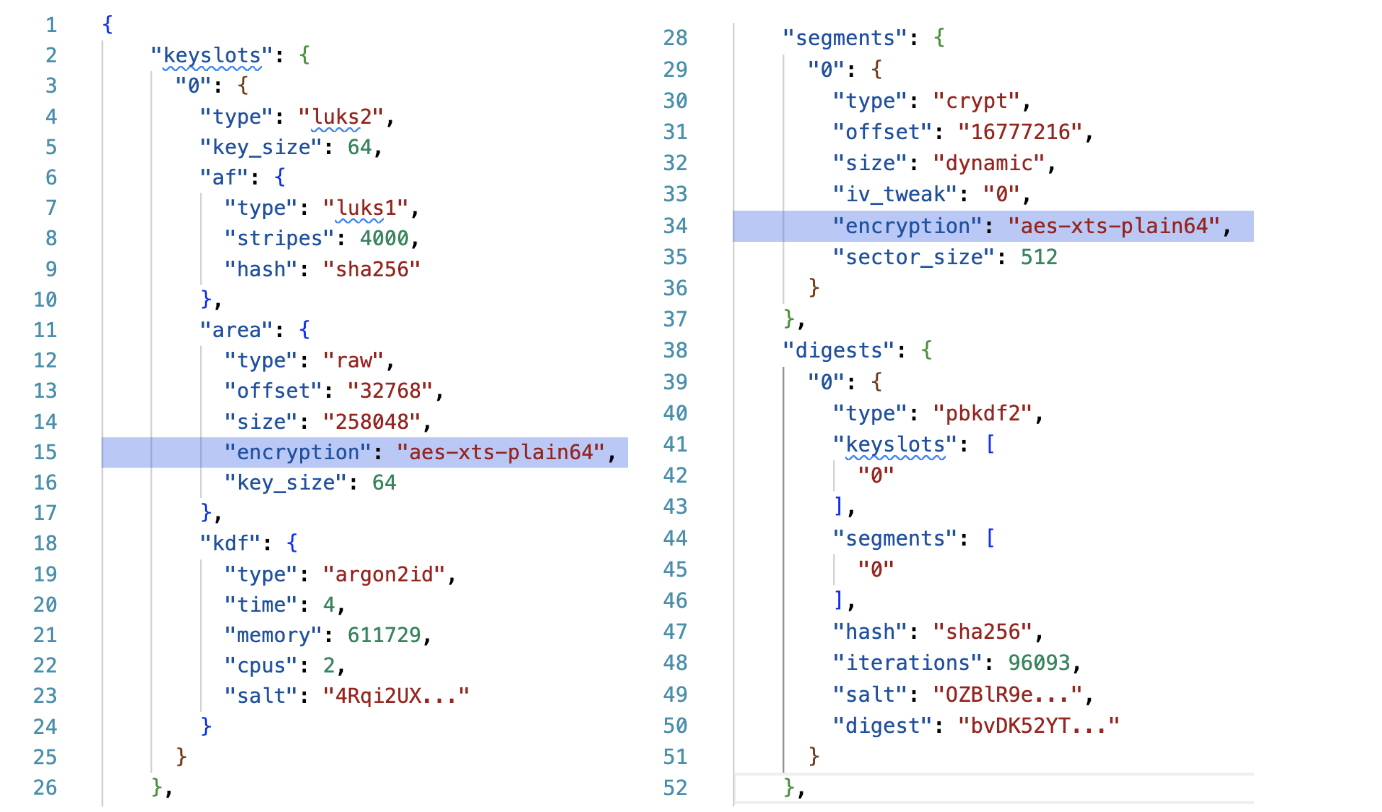 “Figure 2: Example JSON metadata object for a disk with a single keyslot”
